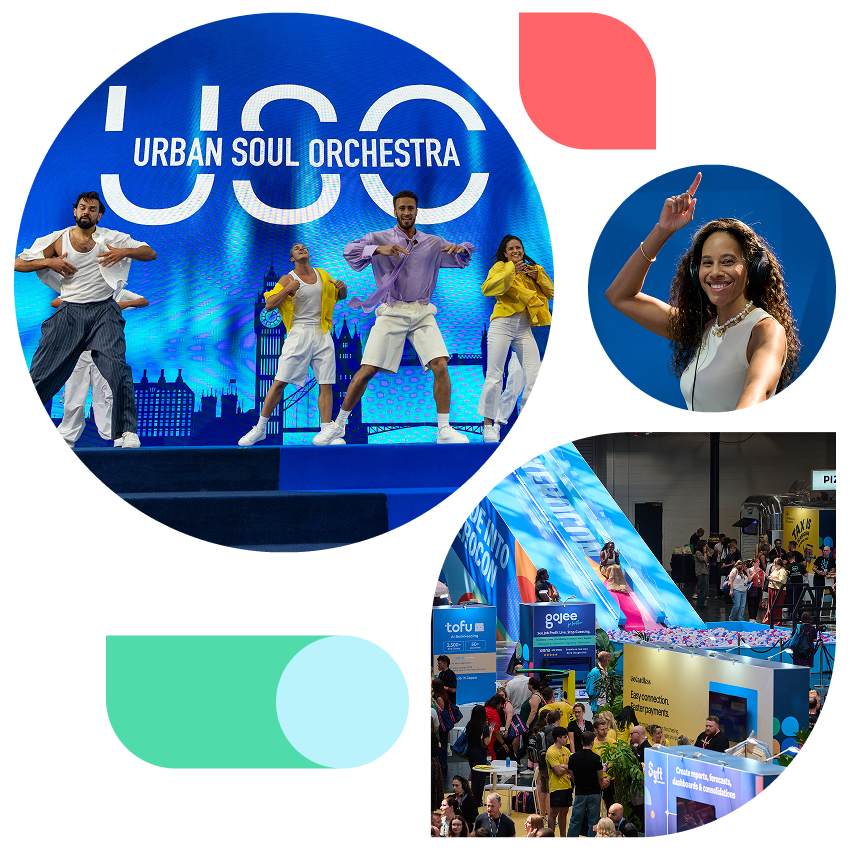 Photo collage from Xerocon: Urban Soul Orchestra performing on stage, an attendee smiling, and the busy expo floor